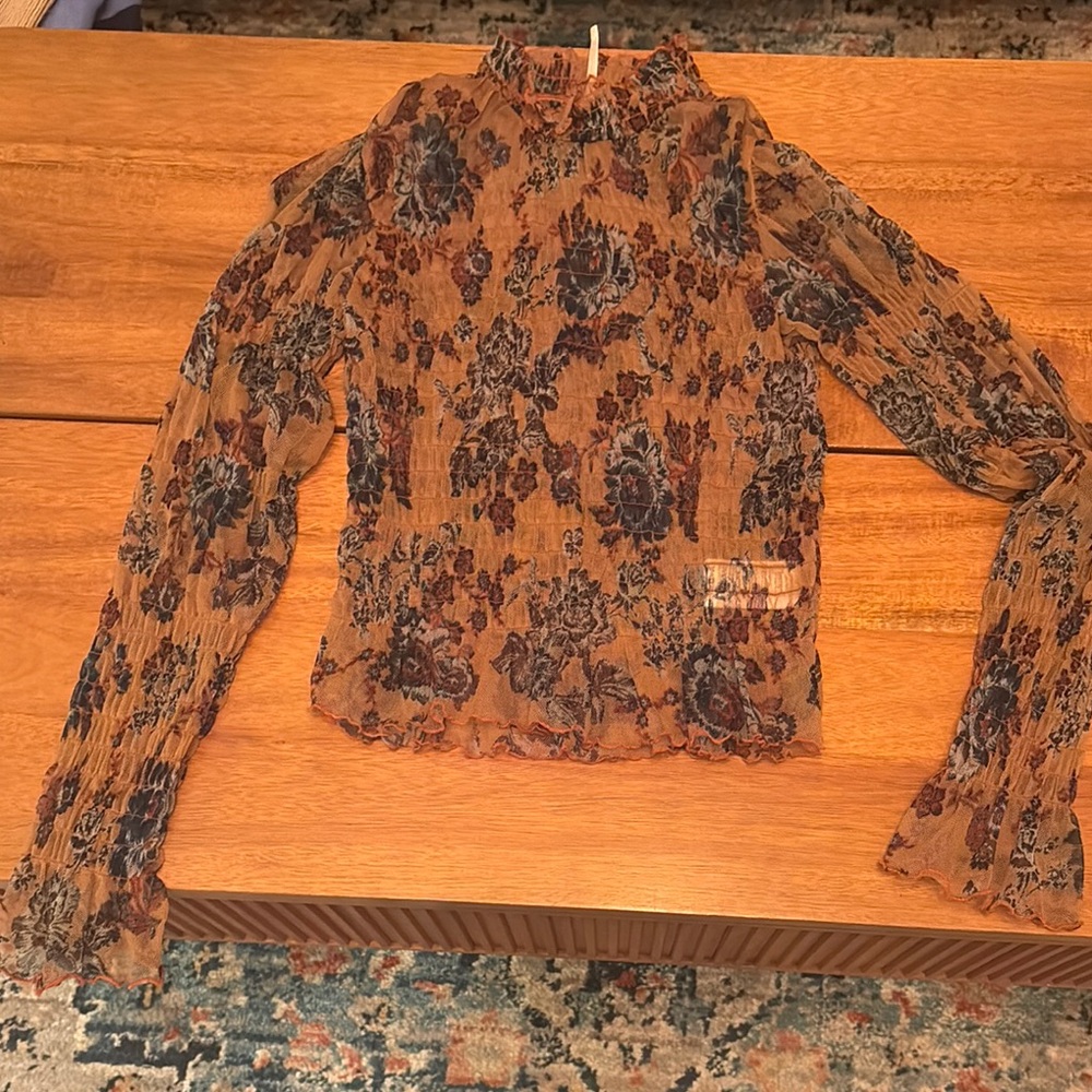 Floral Sheer Long Sleeve Top - Brown